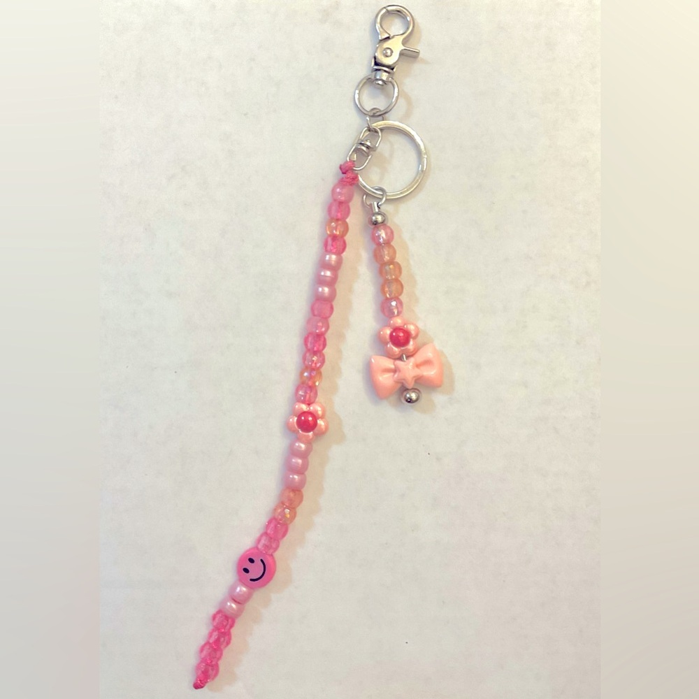 Pink Beaded Keychain or bag chain with Smiley Charm